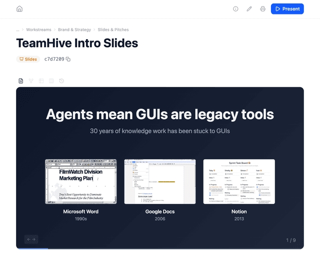 Slides presentation view with structured content