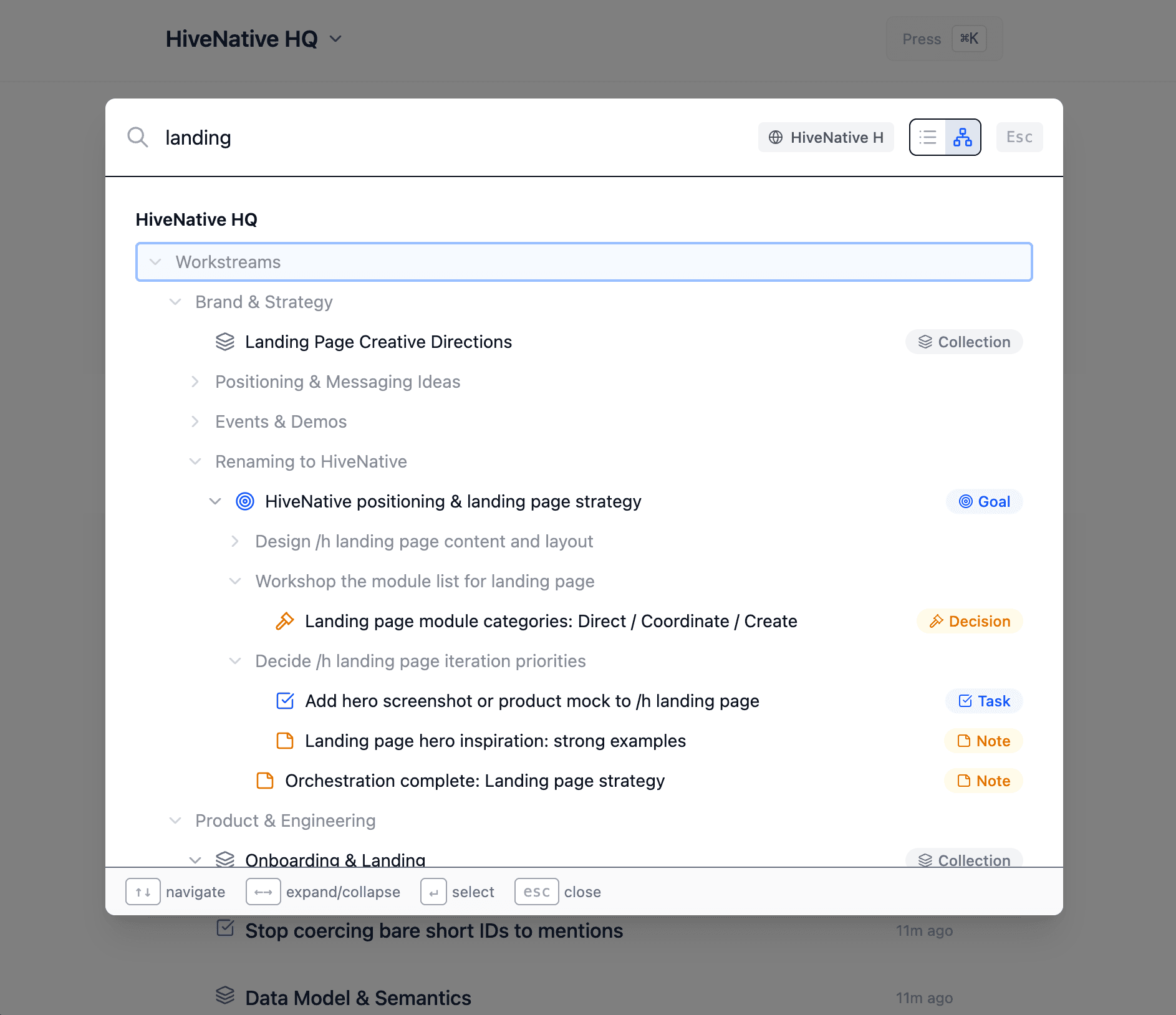 HiveNative workspace showing a search for 'landing' — the tool building itself